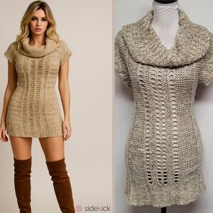 Mudd Vintage 90s Beige Heather Open Weave Cowl-neck Cap Sleeve Extra Mini Dress